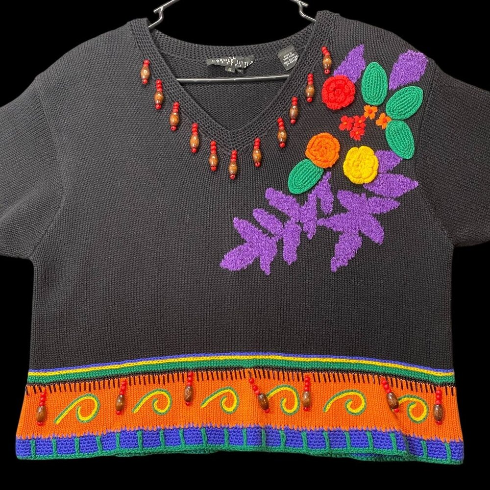 Carole Little Womens Black Knit Sweater Colorful Floral & Bead Accents Size SP